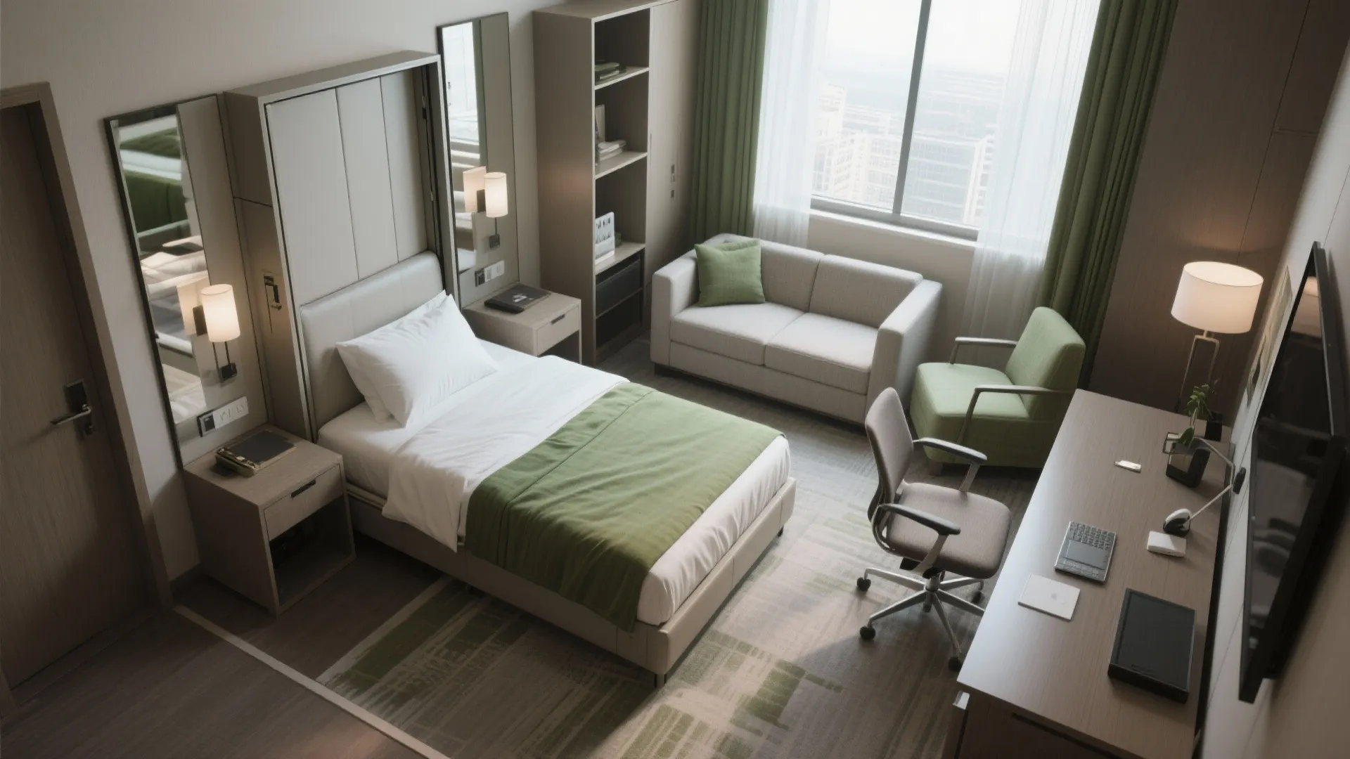 Top-down view of a convertible hotel bedroom with Murphy bed and daytime office layout.