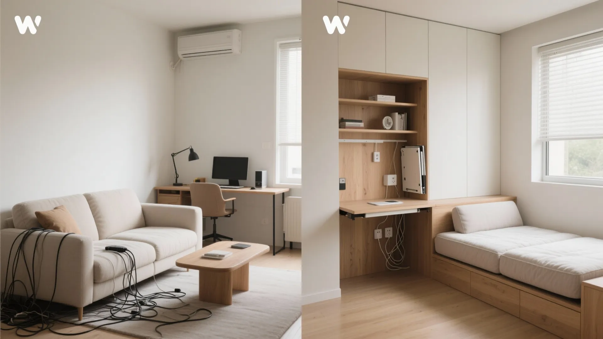 Before-after of a compact living room transformed with a fold-down desk and sofa-bed.