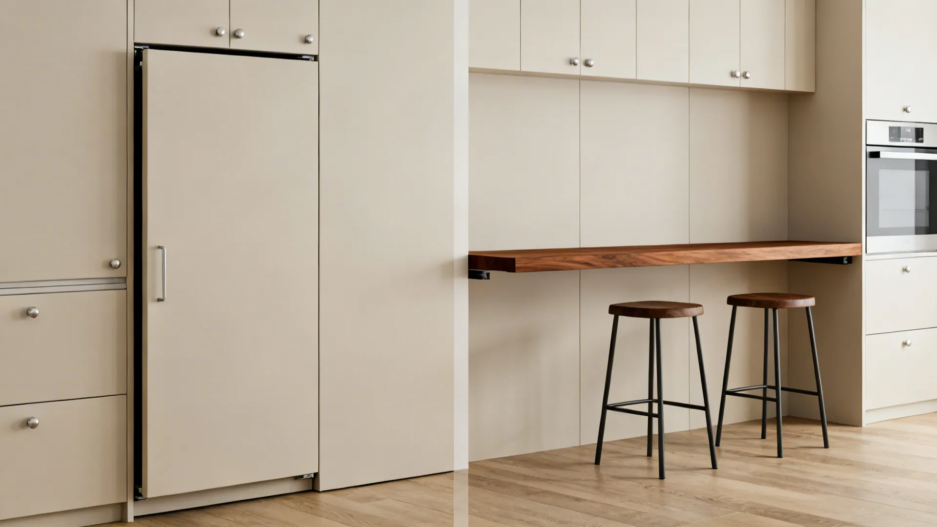 Minimalist cream kitchen cabinets featuring a hidden fridge and a wooden floating desk with stools