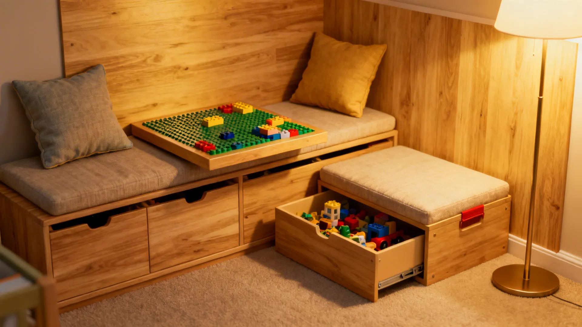 Reading nook with a storage bench that serves as seating and LEGO table lid