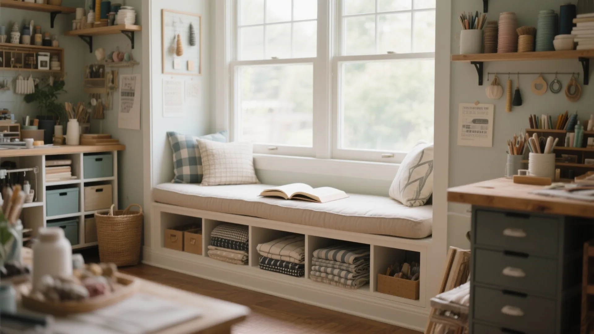 White window seat with cushions and storage cubbies in a sunny craft room with desk