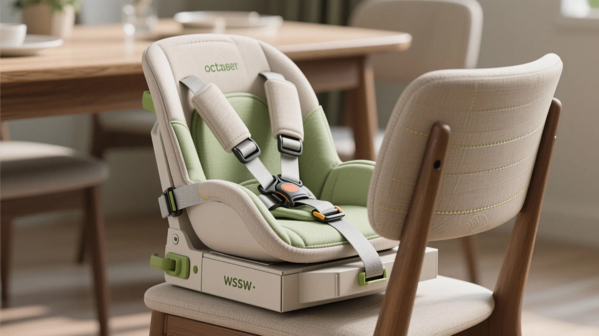 Convertible booster seat that clips to chairs and tucks into a compact box, showing harness and attachment details.
