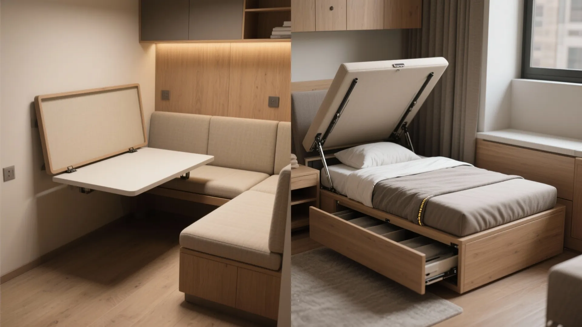 Functional small apartment furniture including a wall mounted folding table and a single storage bed