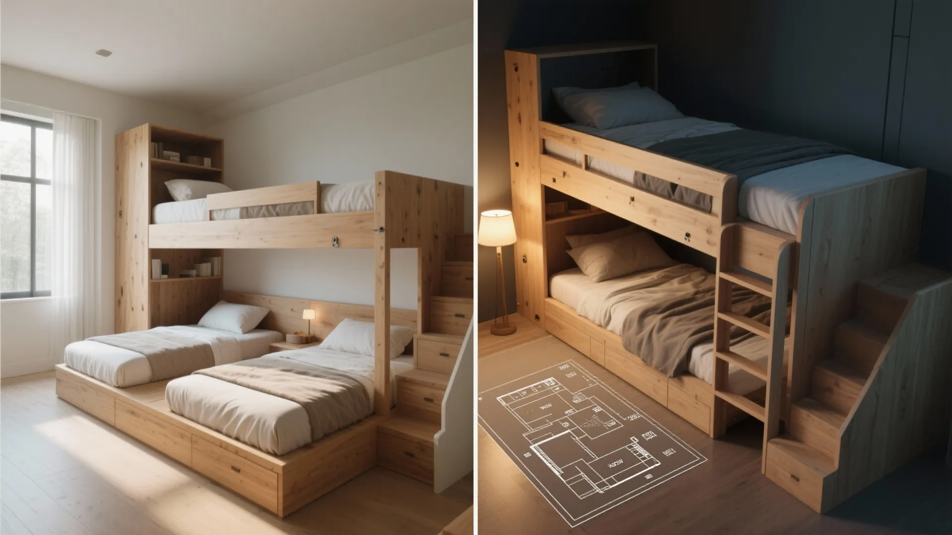 Comparison of a large wooden bunk bed set versus a digital interior design drawing layout plan