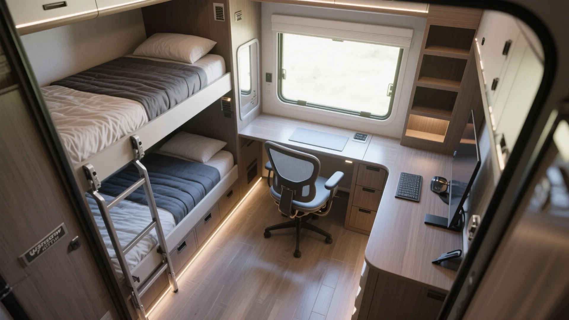 Small room interior with bunk beds beside an L-shaped desk and chair near a window