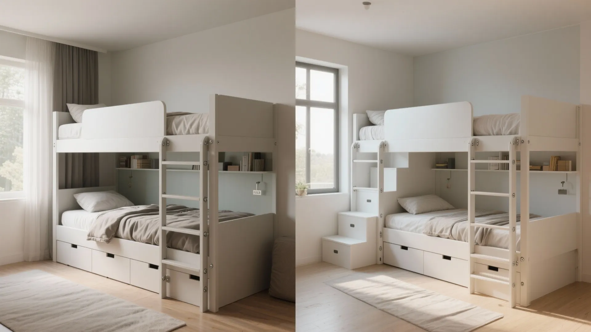 Side by side comparison of a white bunk bed with ladder versus version with stairs