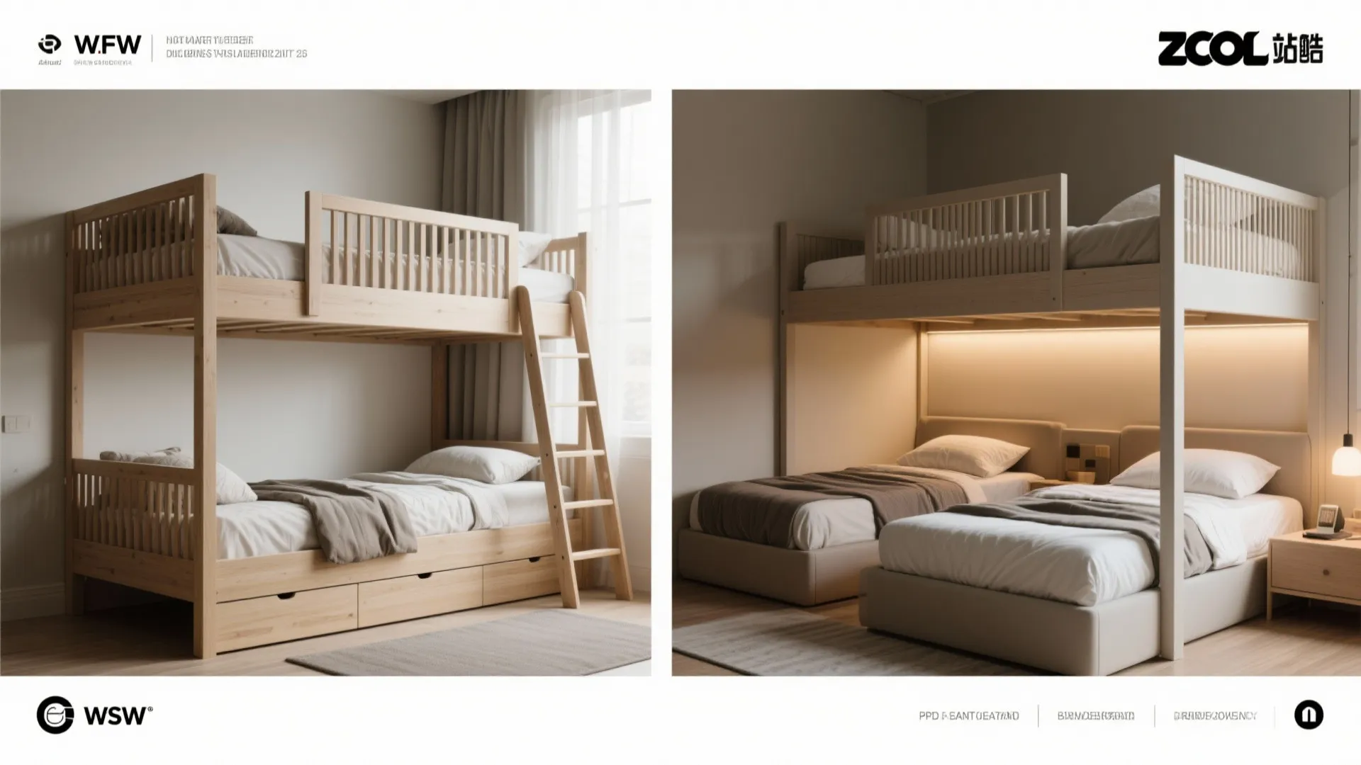 Modern wooden bunk beds showing a convertible design with storage drawers and a built-in ladder