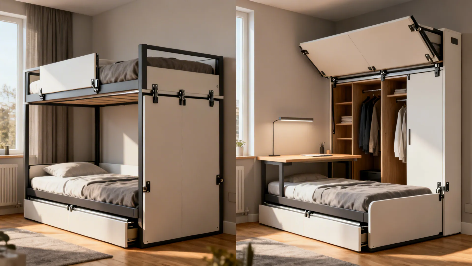 5. Convertible bunks that become twin desks or wardrobes
