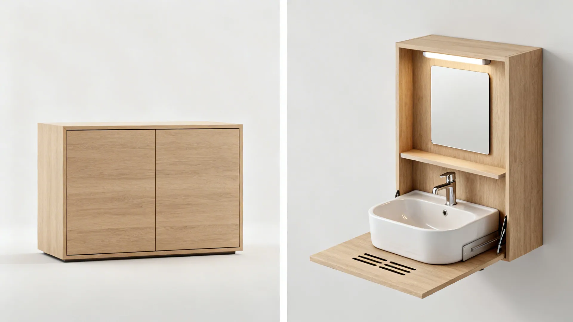 Convertible cabinet closed as a console and opened to reveal a compact basin and mirror.
