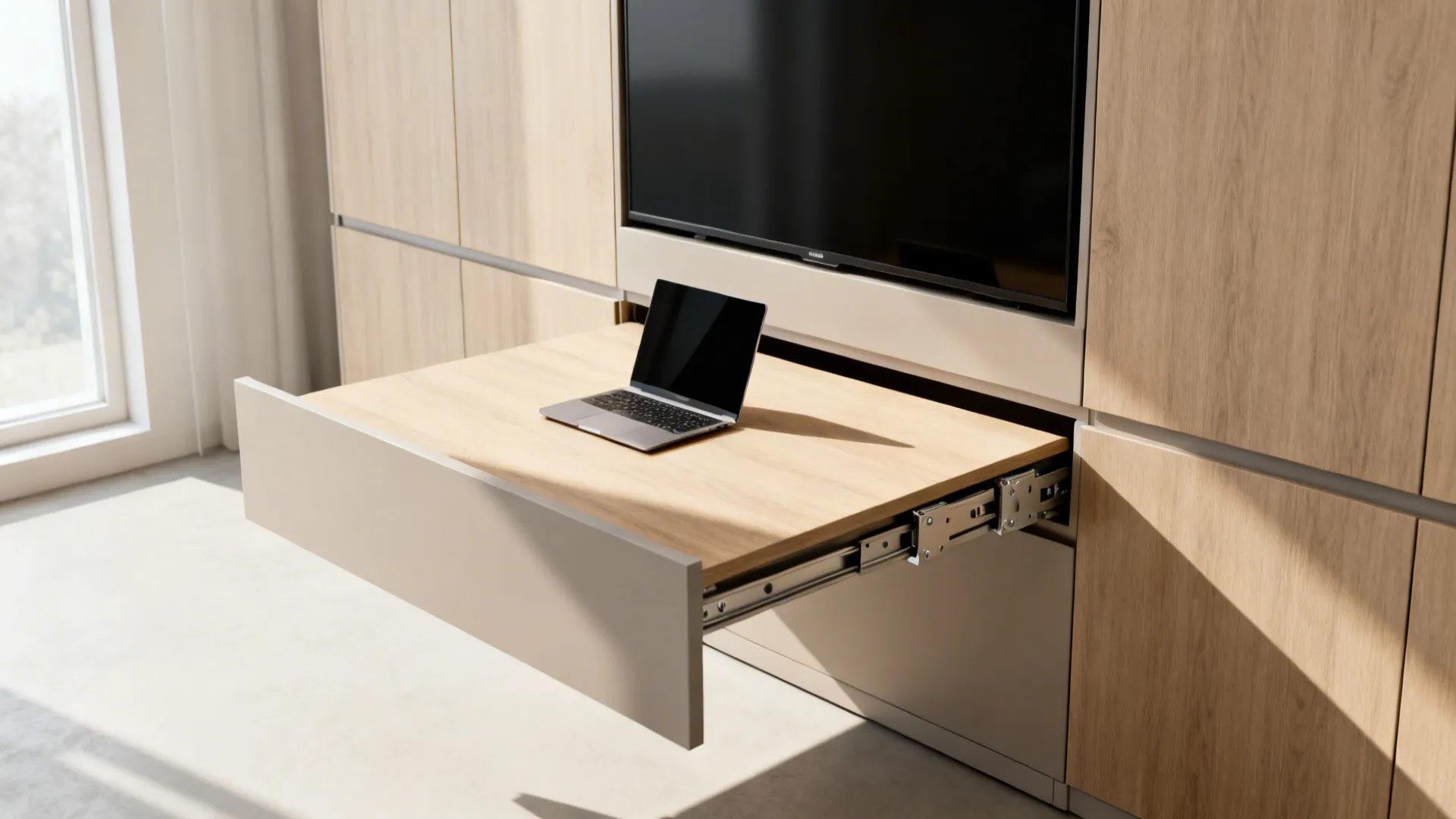 Convertible TV cabinet unfolding into a small desk with a pull-out work surface and laptop