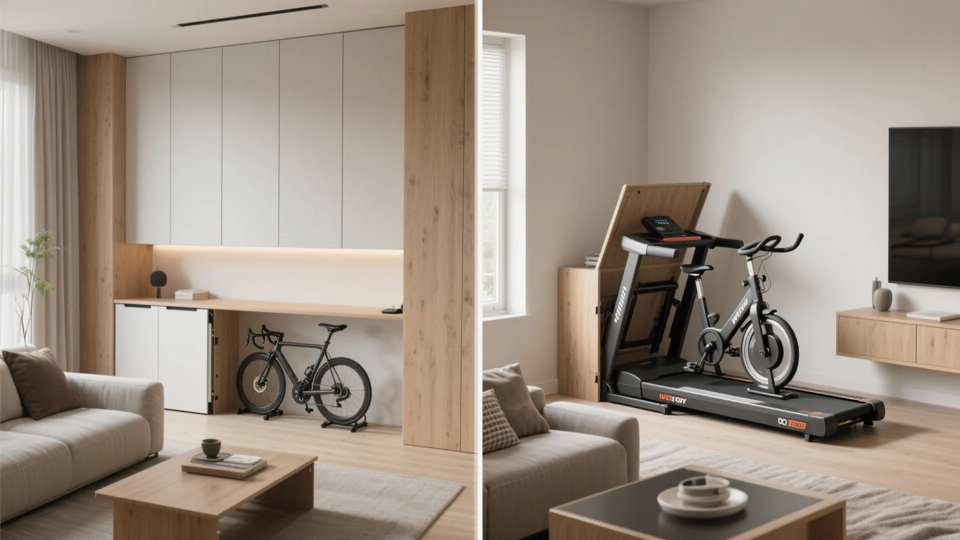 Before-and-after view of a convertible cardio corner showing a console closed and the cardio equipment deployed.