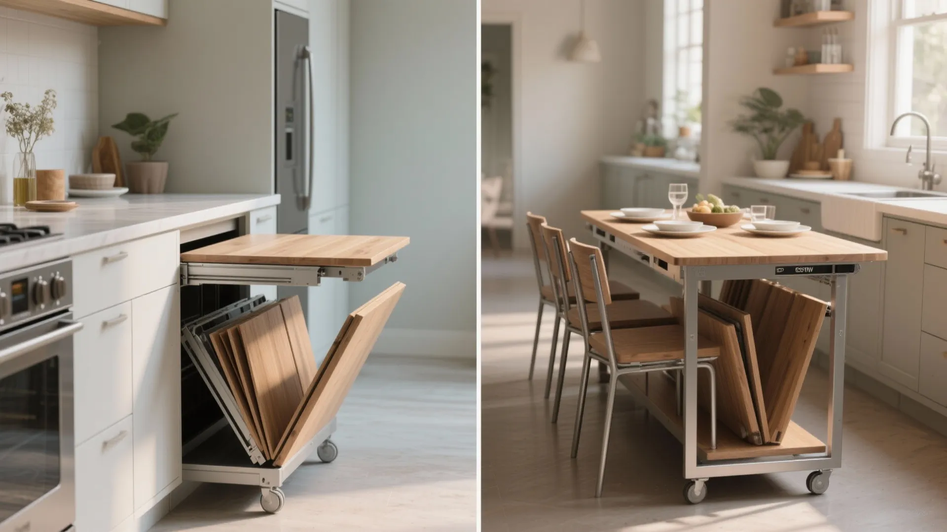Two images showing a wooden kitchen cart folding out into a large dining table with chairs
