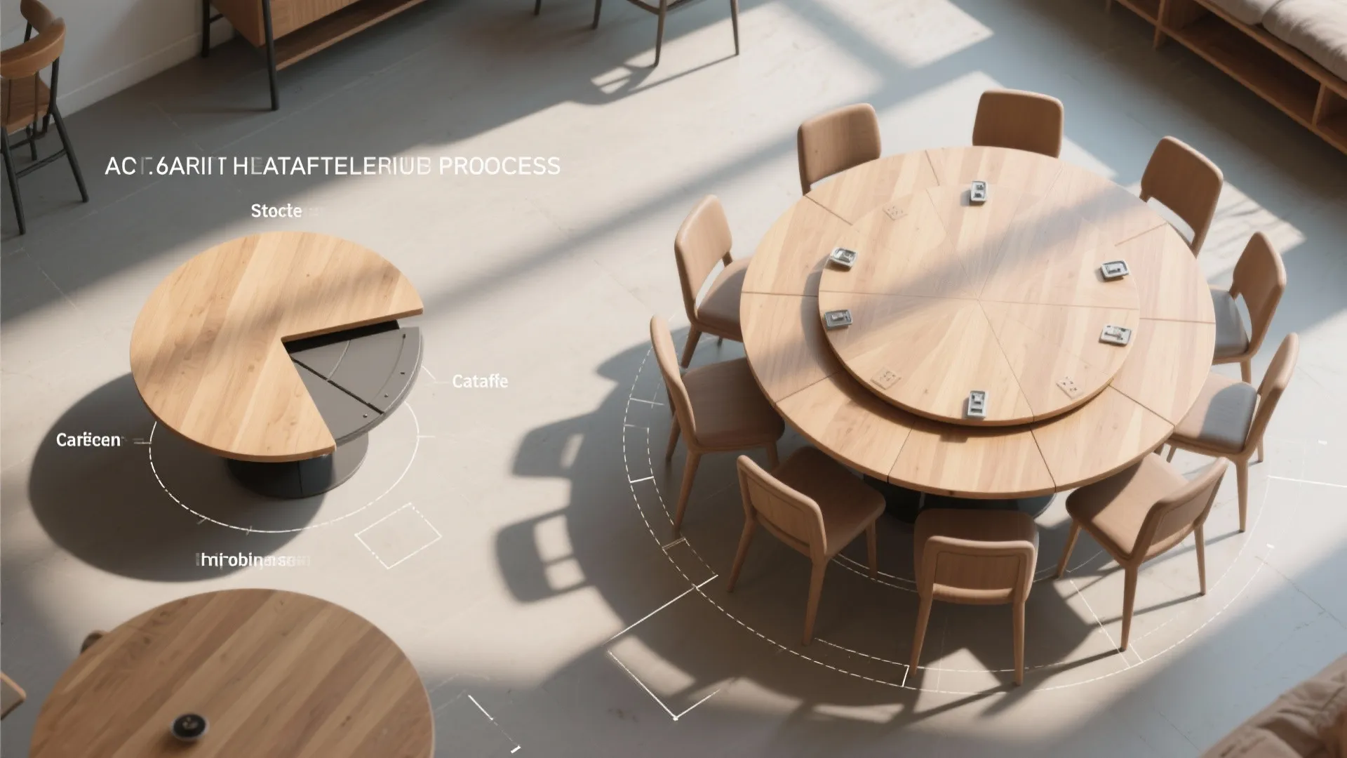 Top view diagram showing a round wooden dining table assembly process with chairs and labels