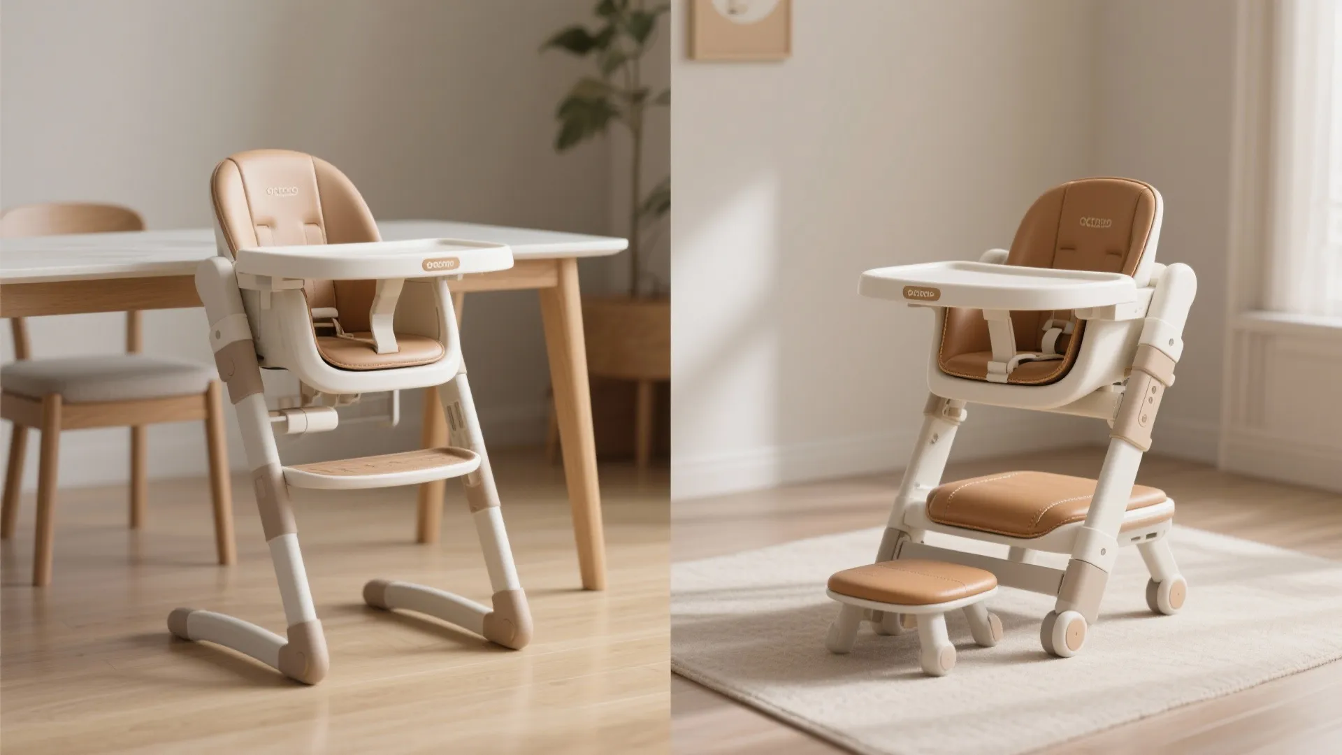 Comparison of baby high chair showing tall dining mode and short version with small footrest