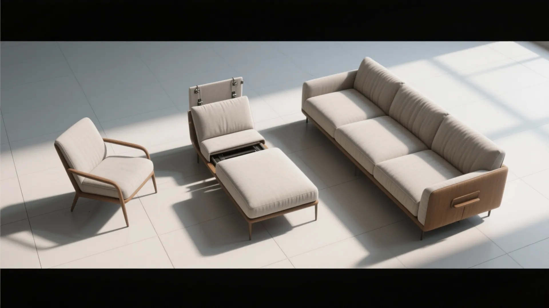 Modern living room furniture set featuring beige sofa chair and footrest on a white floor