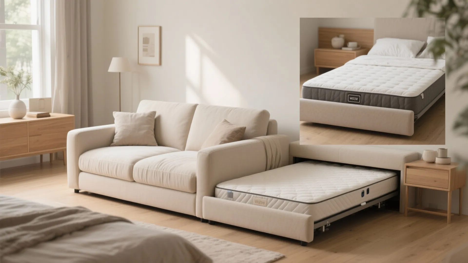 Modern cream sofa in living room with a pull out mattress and wooden side tables