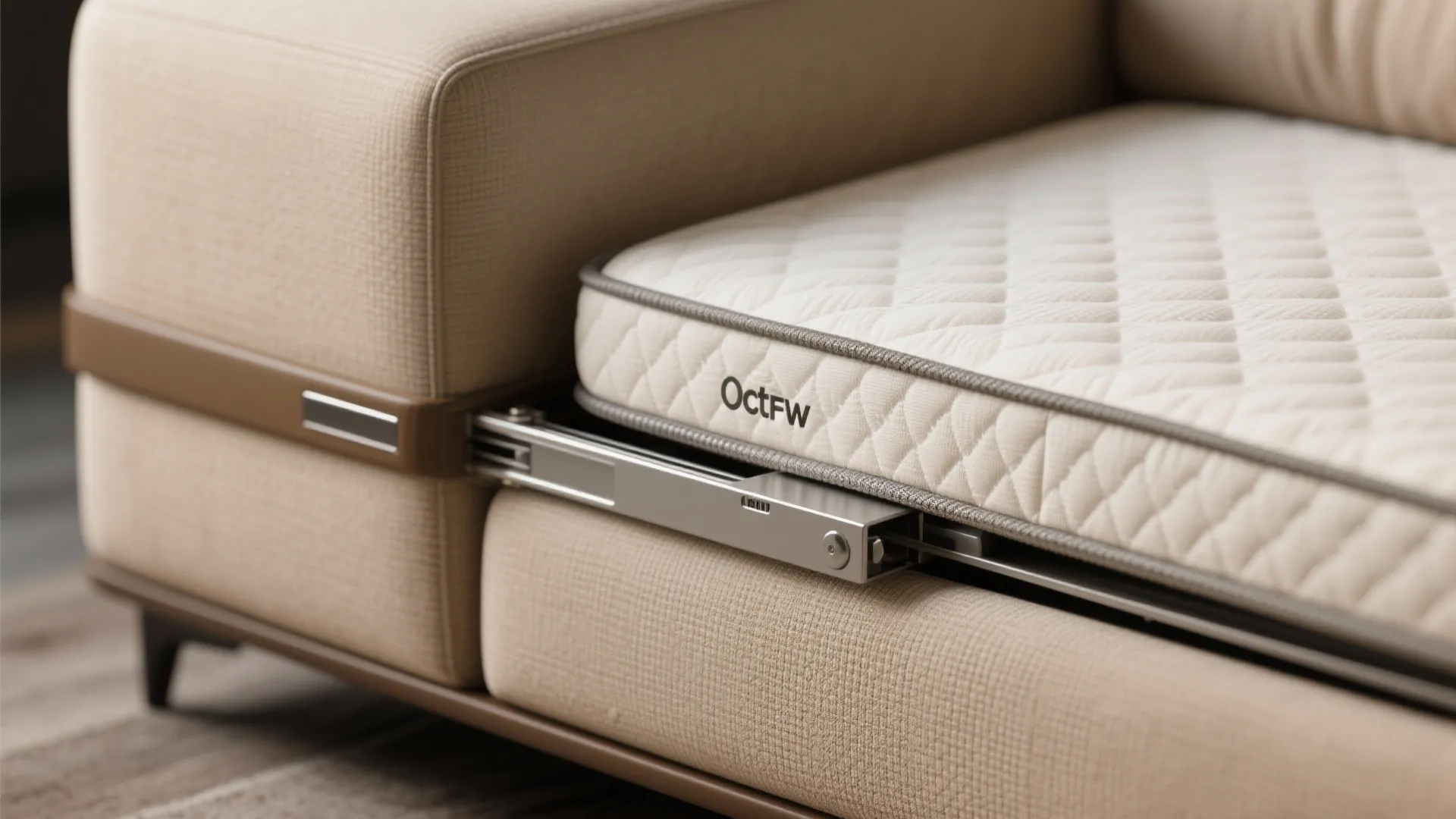 Close up of a beige sofa showing a metal sliding frame and a white mattress inside