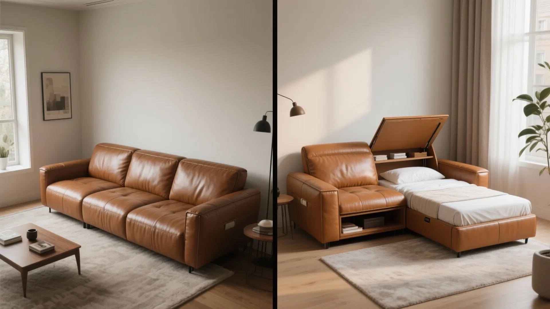 Before and after view: bulky sofa replaced by a compact convertible leather chaise with storage.