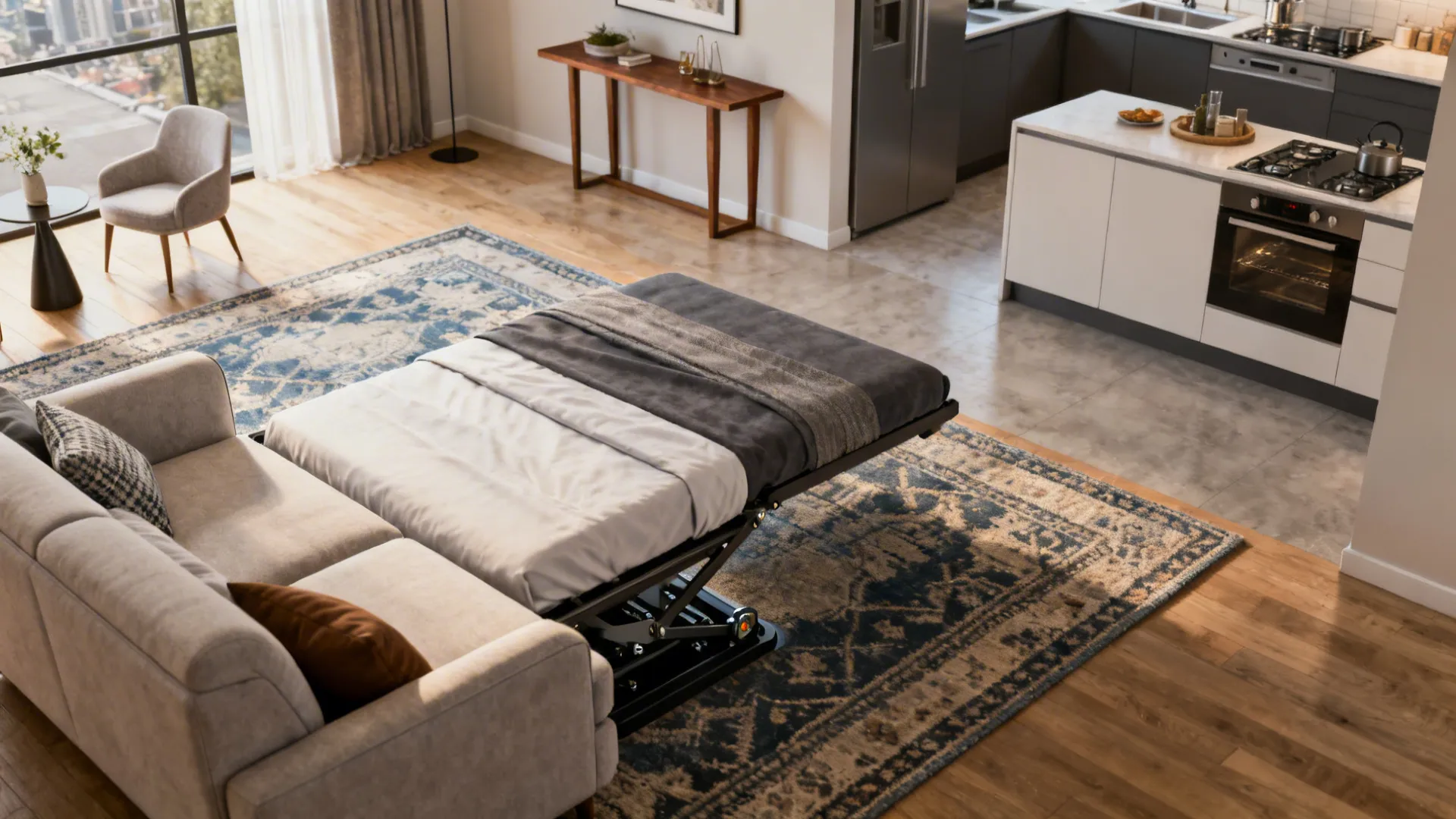 Top-down view of a convertible chaise partially unfolded into a guest bed in a studio apartment.