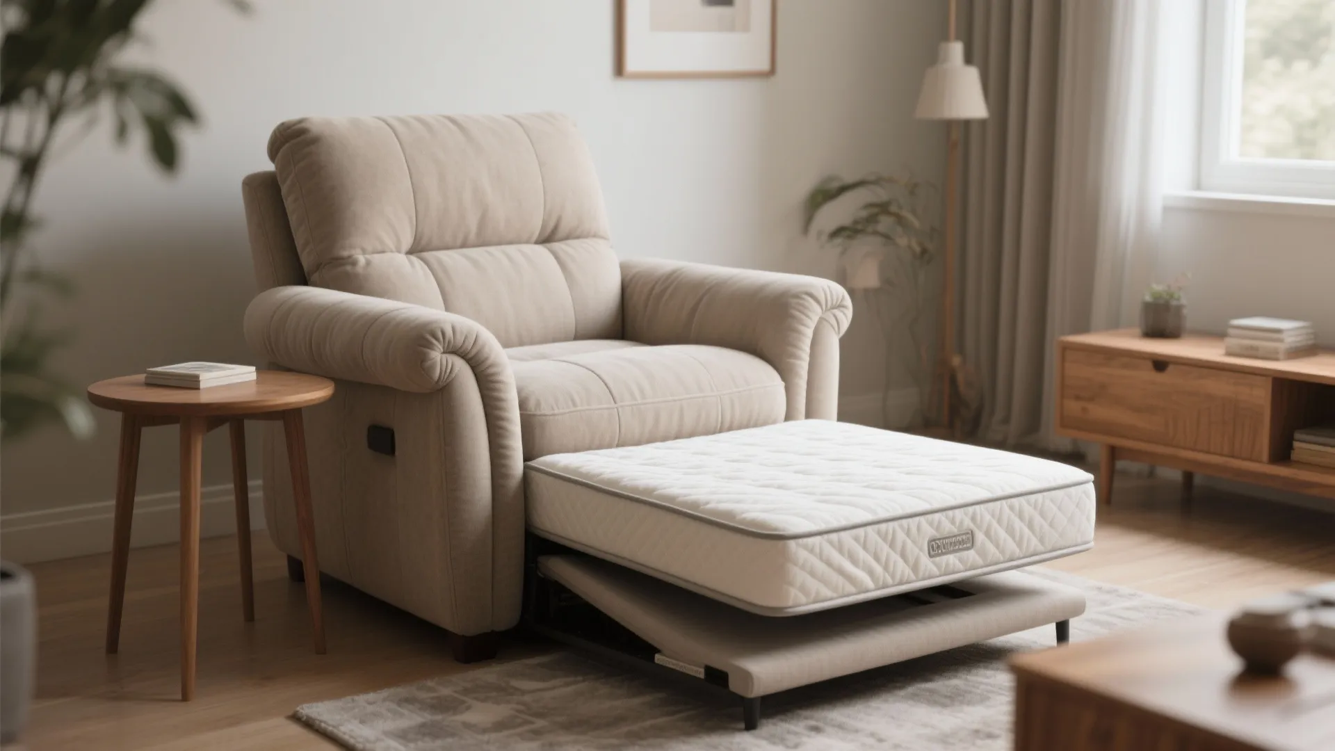 Beige armchair pulled out into bed next to wooden side table in modern bright living room