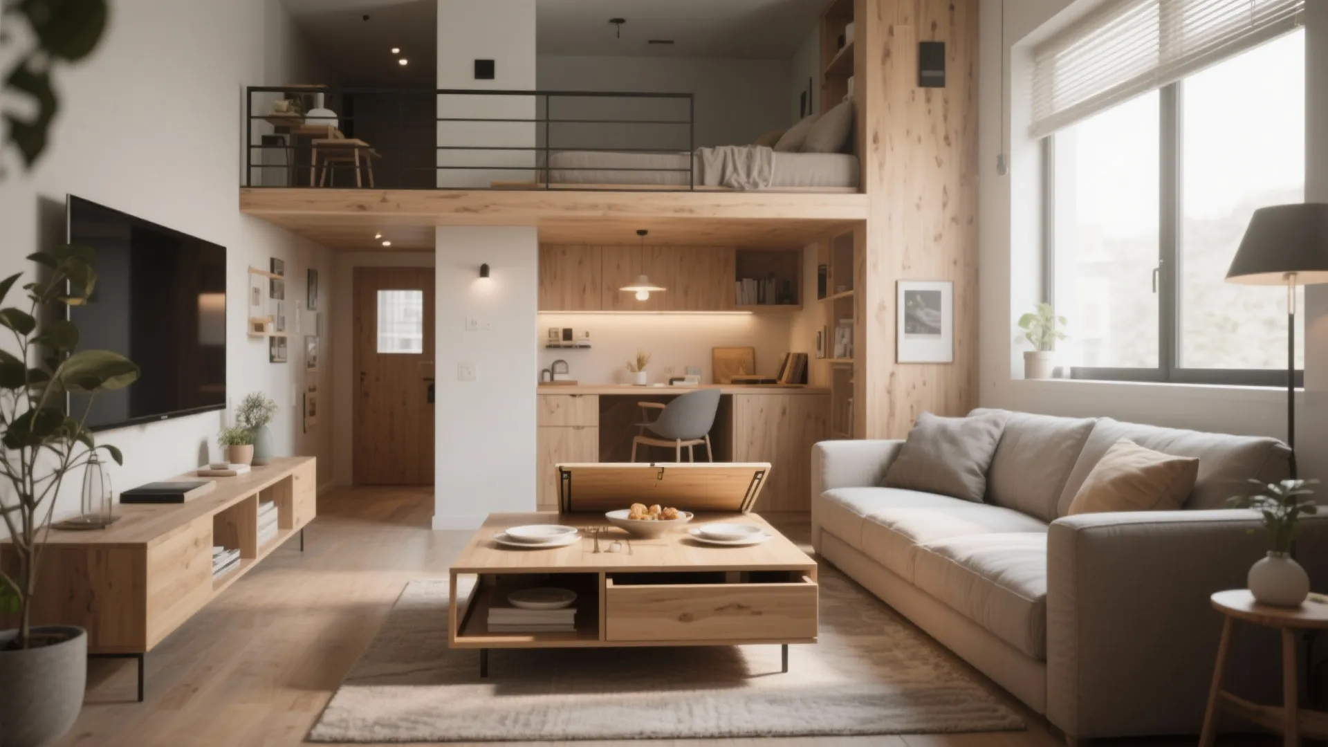 Lift-top convertible coffee table in a micro-loft living room