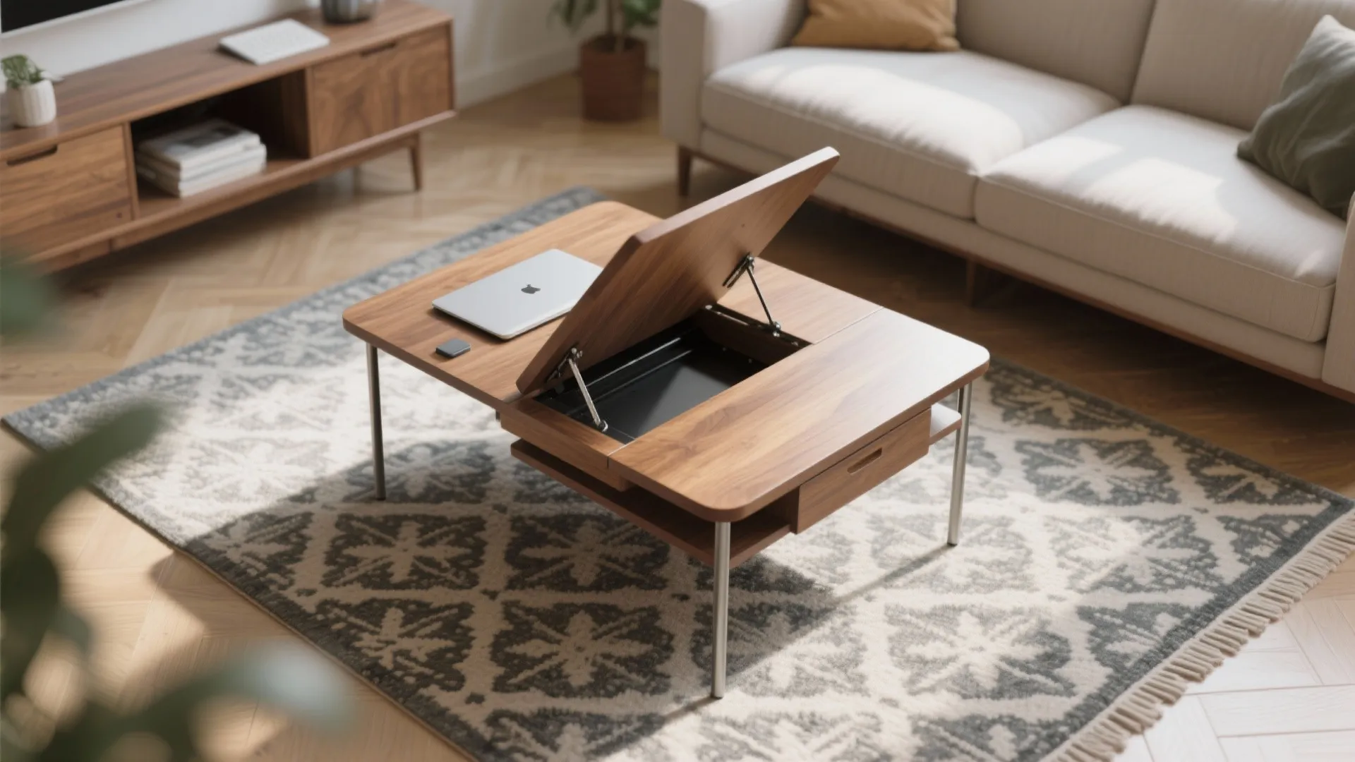 Wooden coffee table with lift top storage showing laptop on surface and internal compartment space