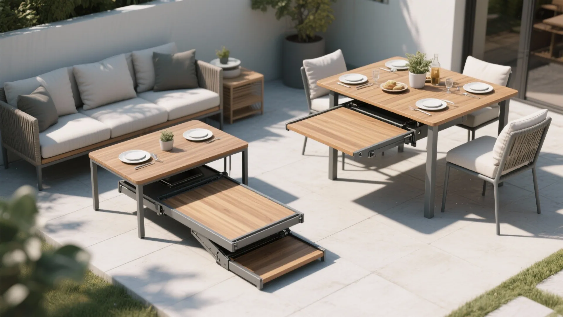 Outdoor patio furniture set with expandable wooden dining table and sofa with grey cushions on floor