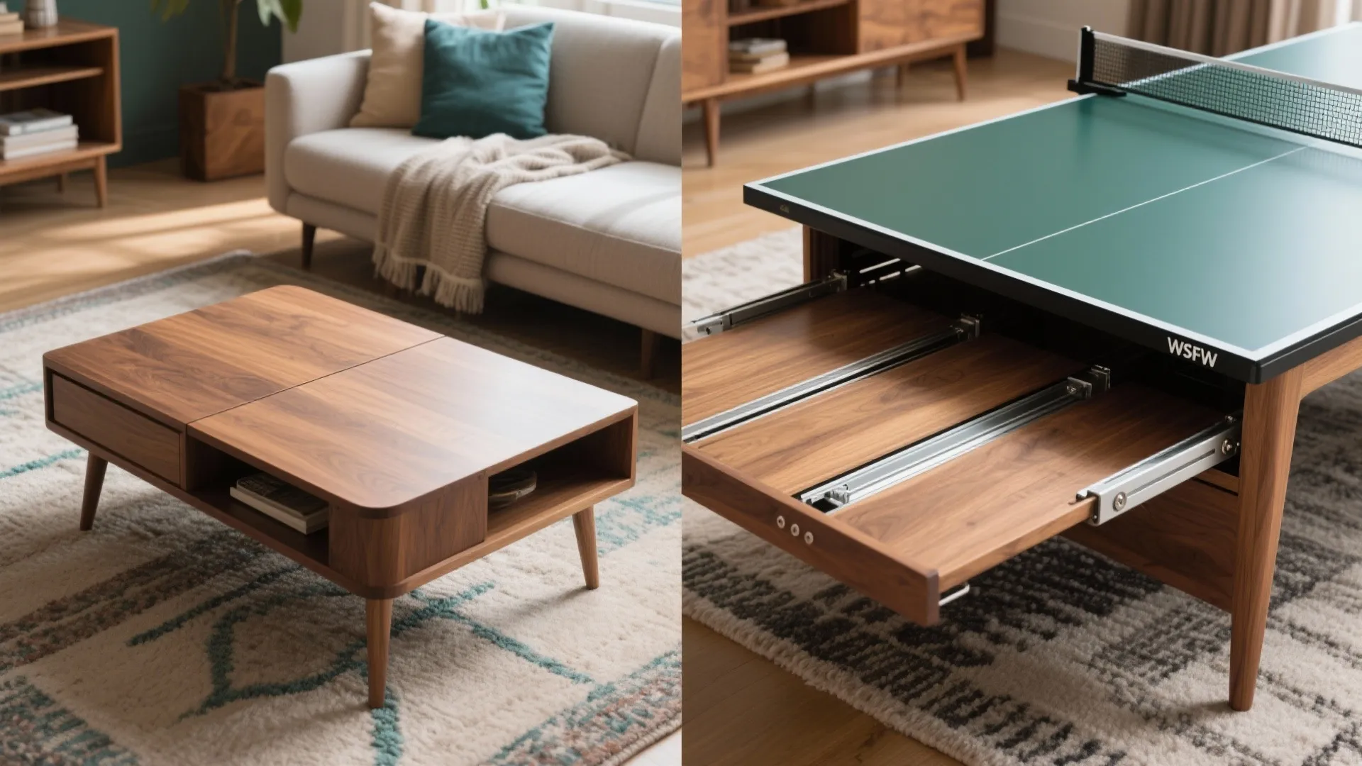 Split image showing a wooden coffee table next to a green table tennis table design