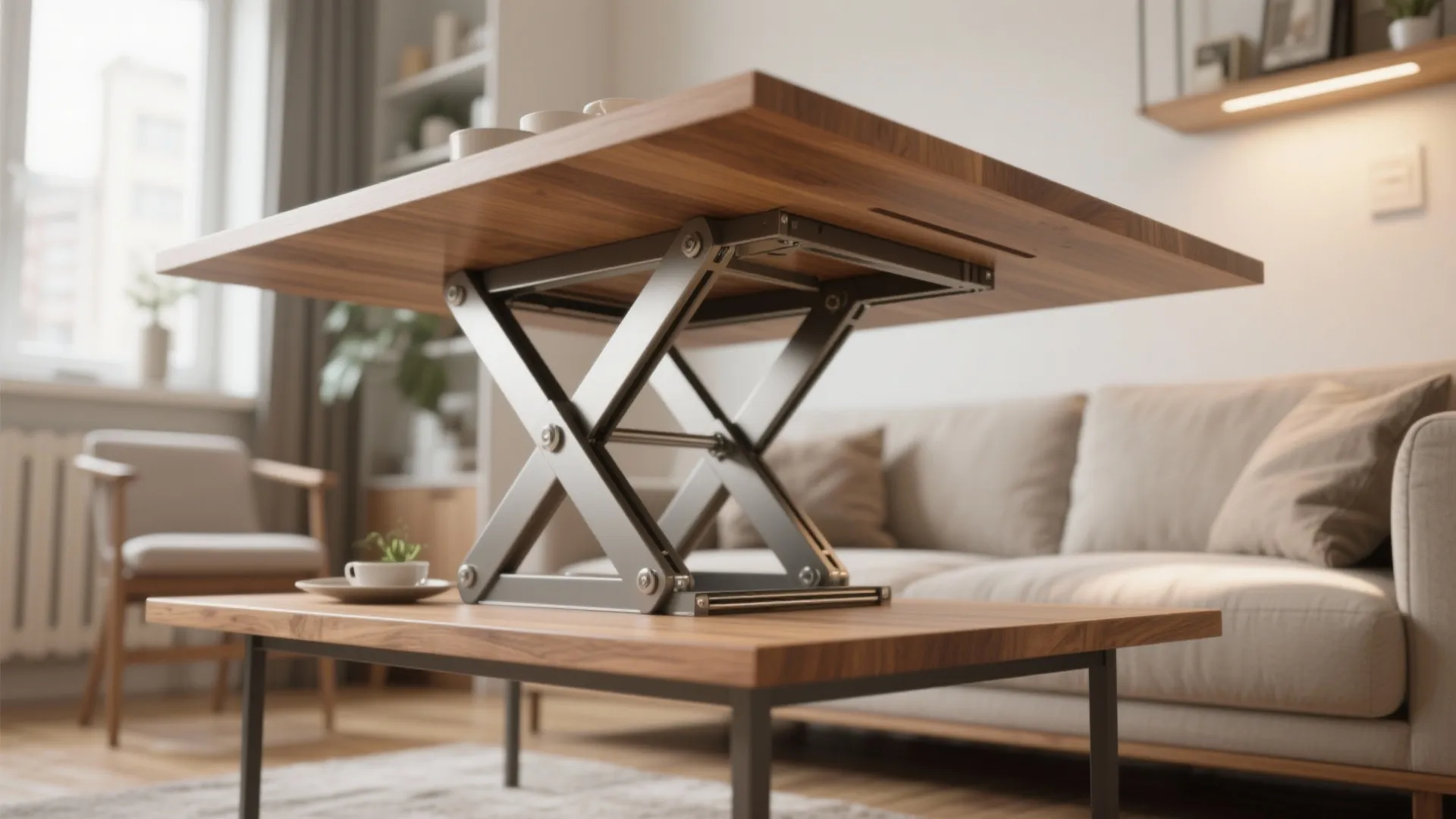 Convertible coffee-to-dining scissor lift table in a compact living room, showing wood top and metal lift.
