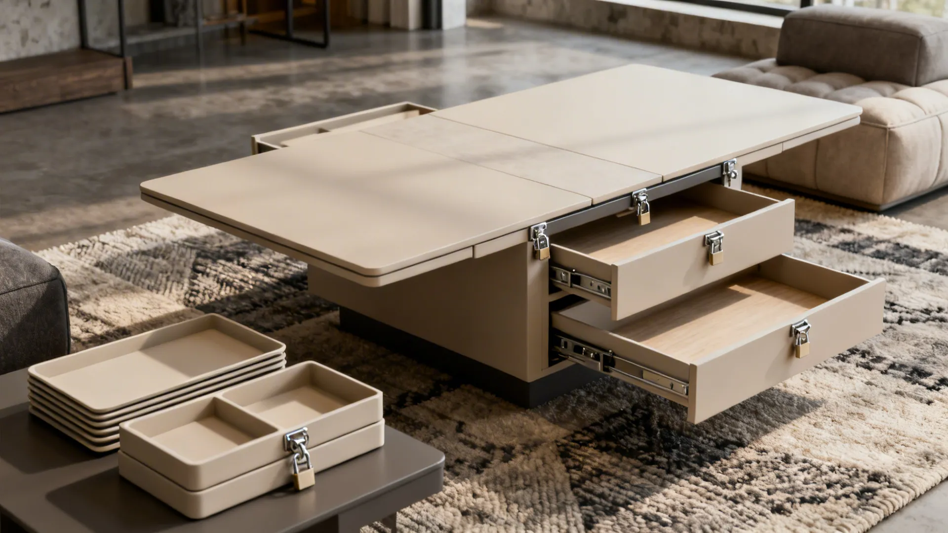 Convertible coffee-to-dining table mid-conversion with modular inserts and locking hardware visible