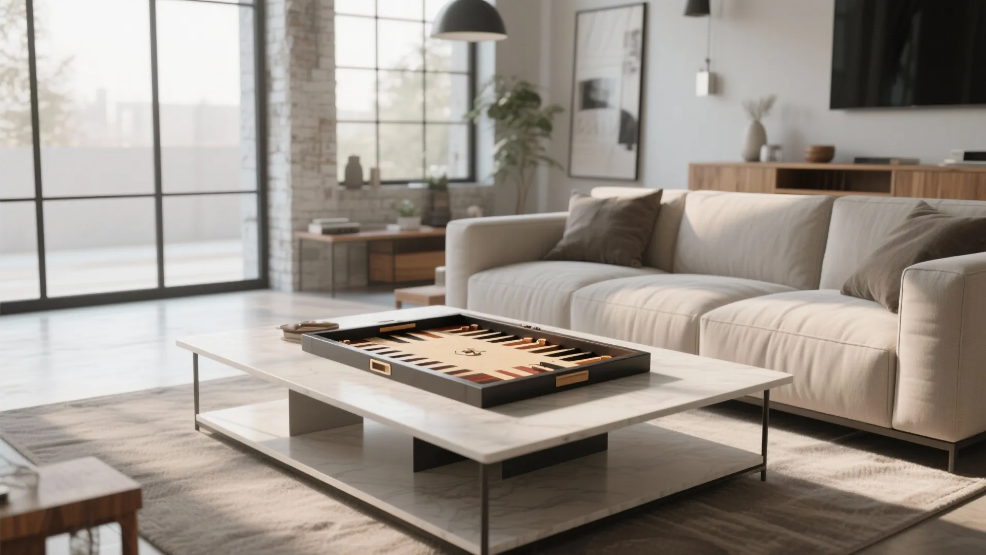 Modern coffee table with removable top revealing a backgammon board
