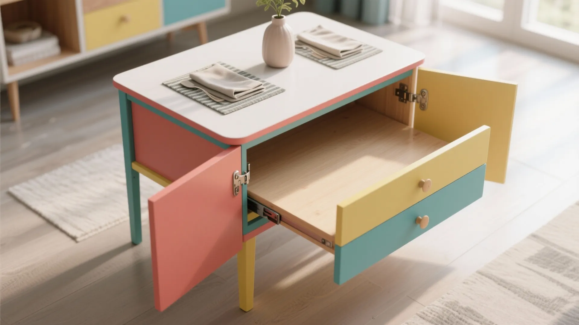 Small colorful table with white top and open pink doors revealing a wooden storage drawer inside