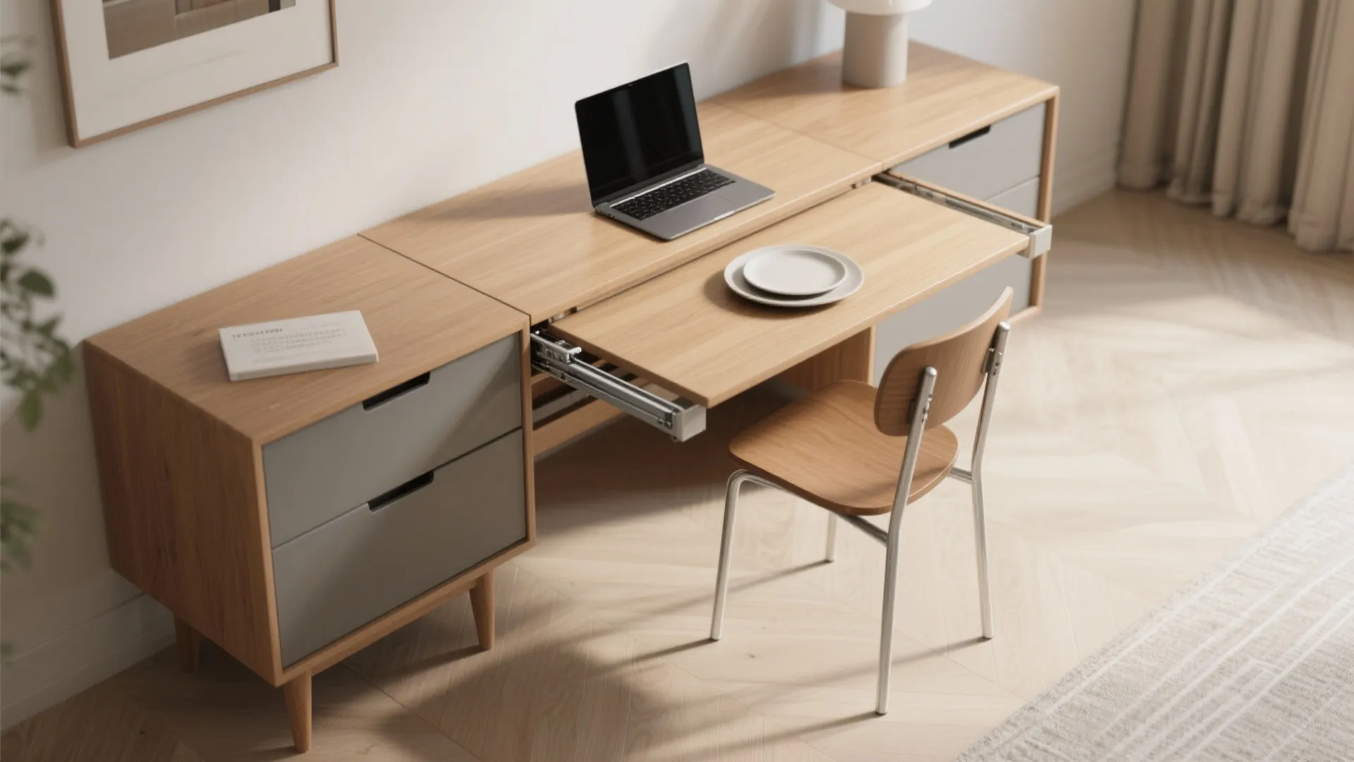 Modern wood desk with pull out table extension laptop grey drawers and a wooden chair