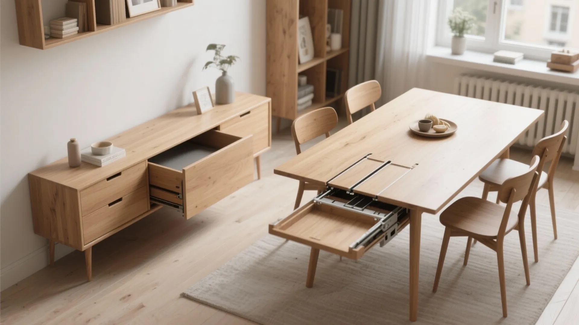 Minimalist dining room with wood table showing a pull out drawer and matching wood cabinet