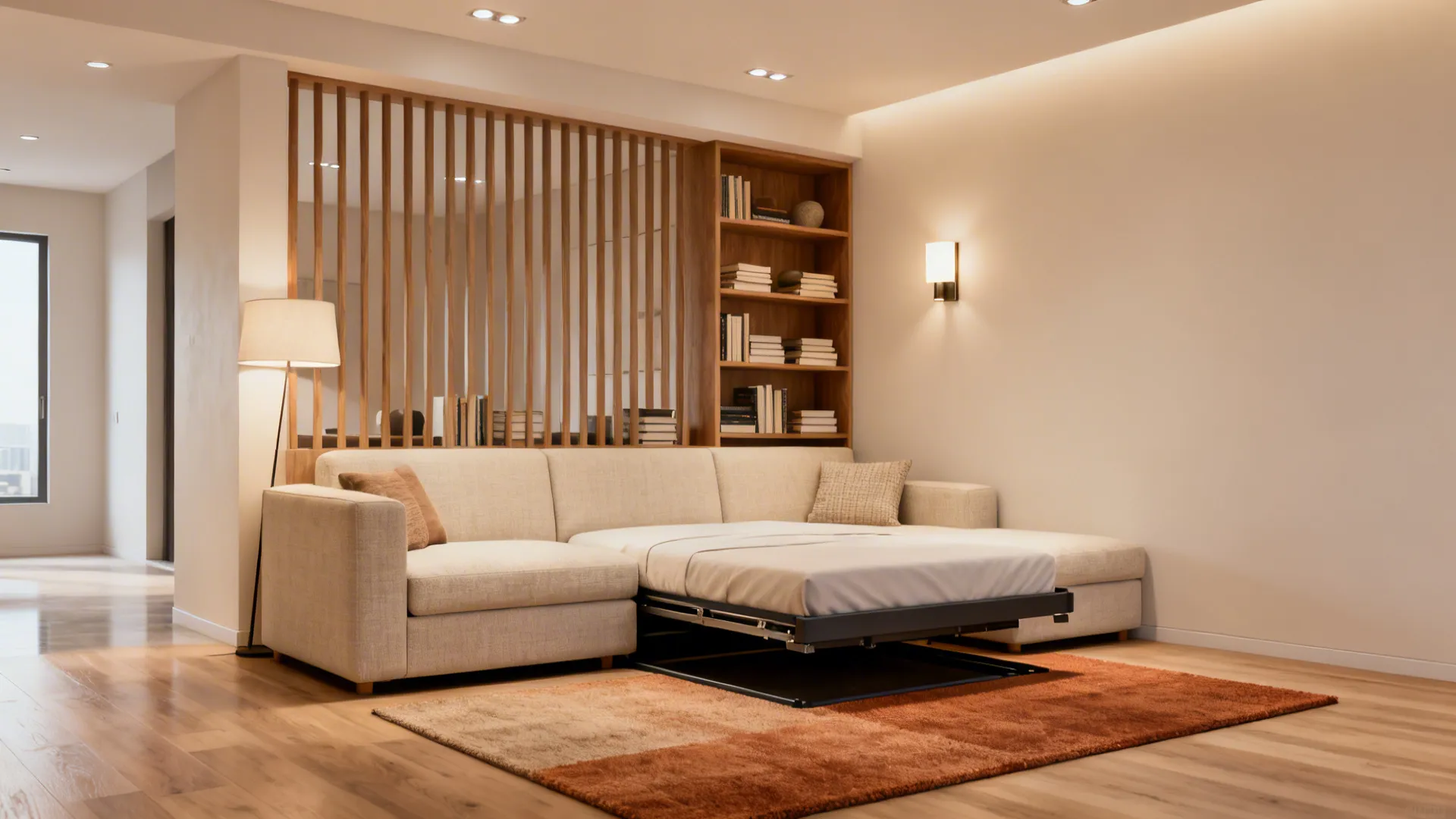 Cream sofa bed extended in a modern living room with wooden wall divider and bookshelf