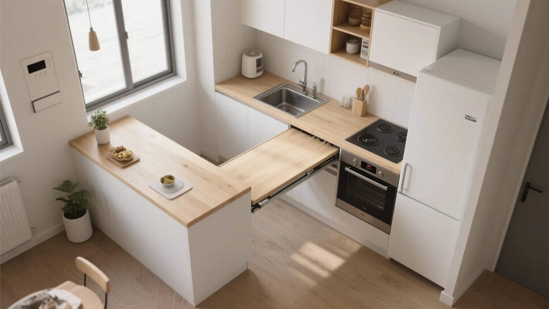Top-down view of a small kitchen with a pull-out countertop