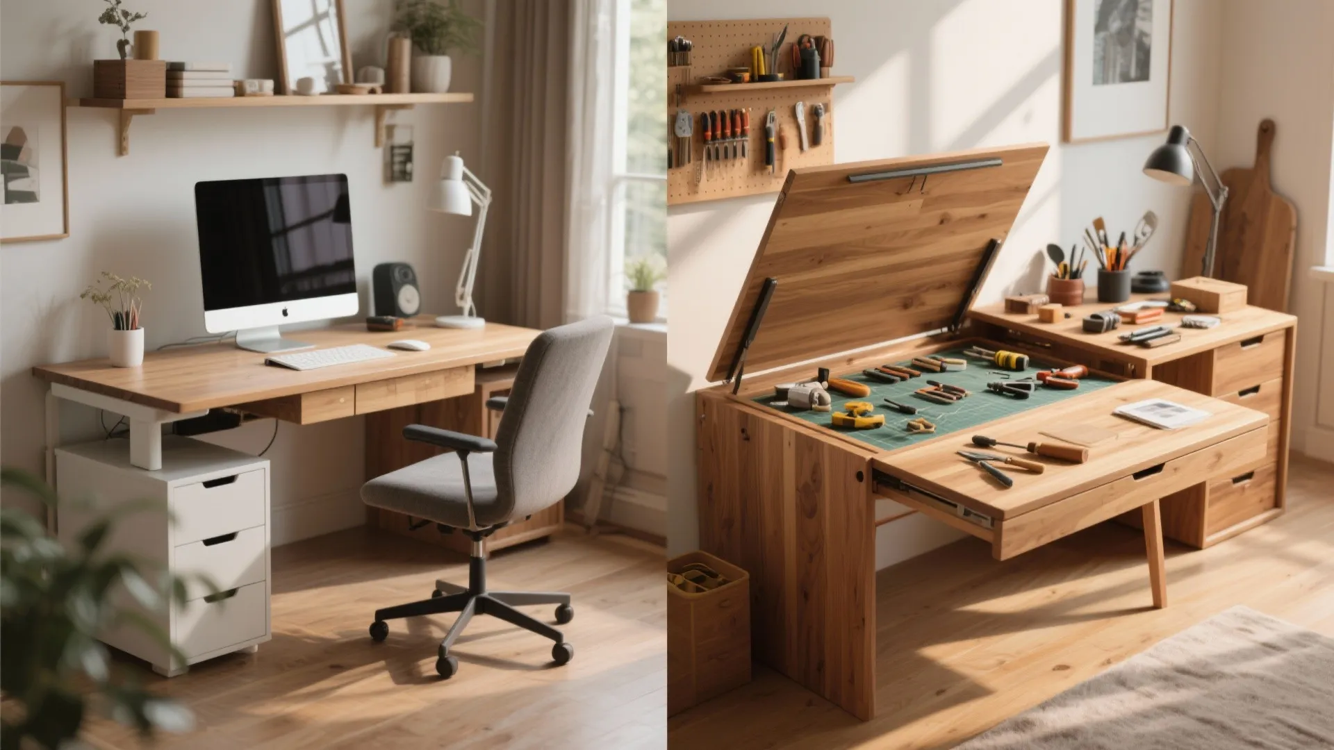 Before and after comparison of a computer desk transforming into a wooden craft work table