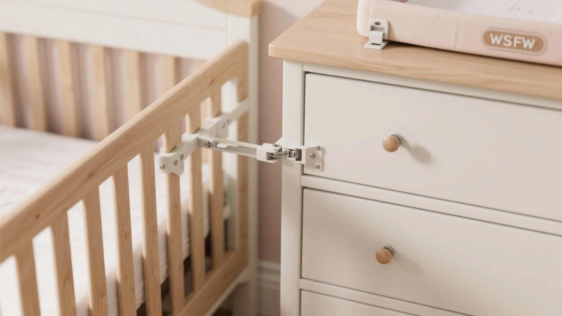 Metal safety latch connecting a wooden baby crib to a white cabinet with small drawers