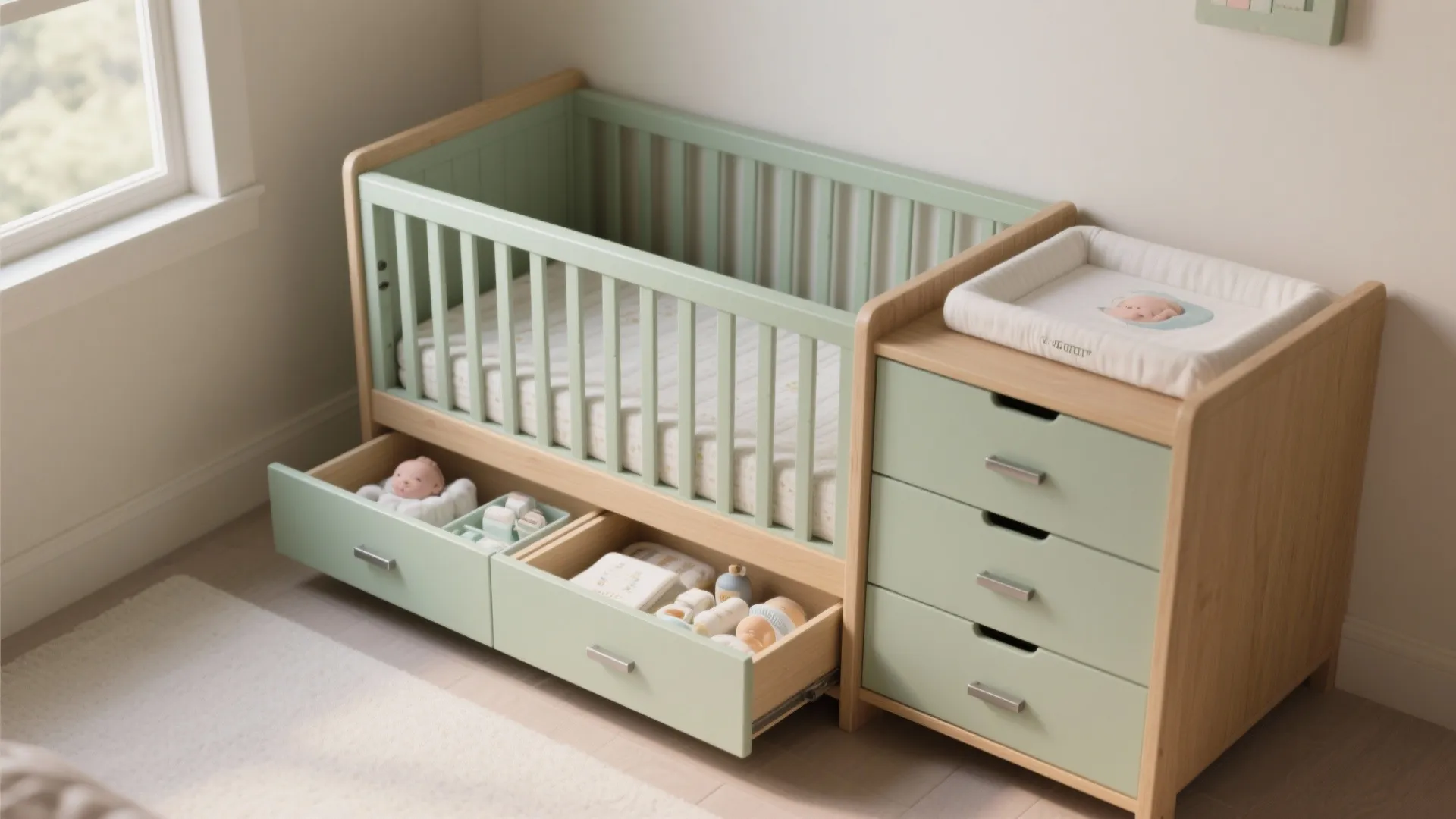 Green baby bed with wood frame featuring storage drawers and attached cabinet for baby supplies