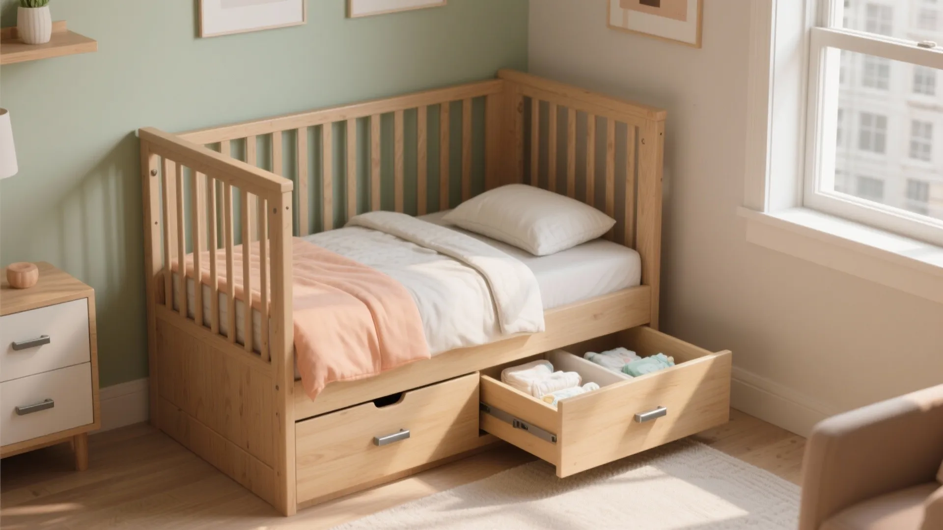 1. Convertible mini crib with built-in storage