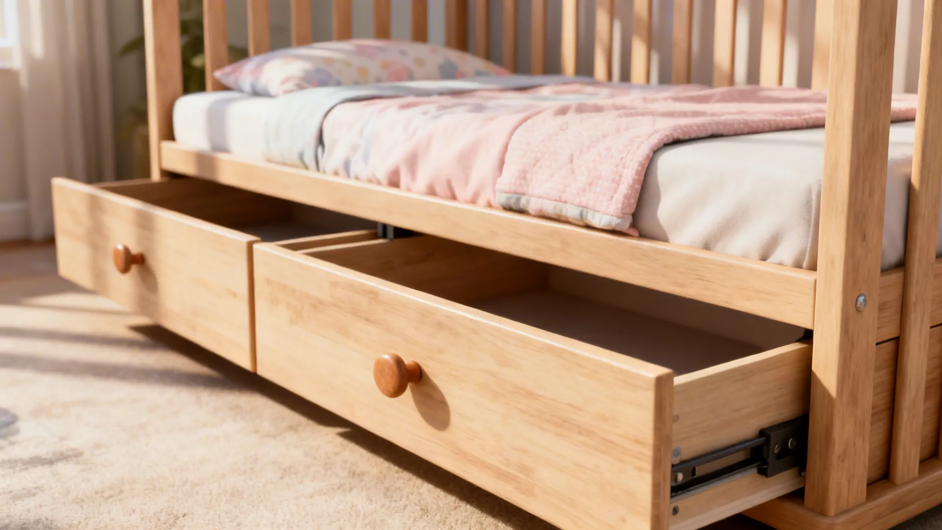 Low-profile convertible crib with built-in drawers in a small nursery