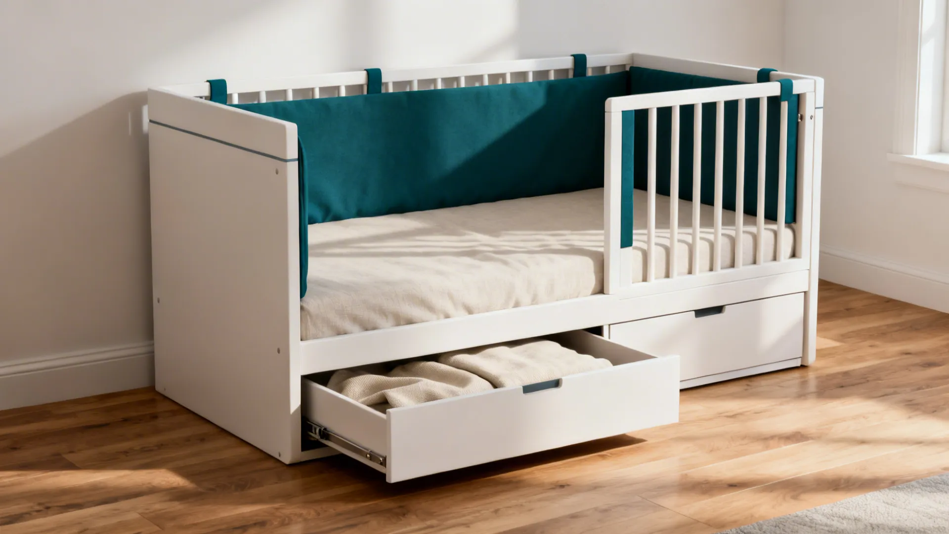 Convertible crib shown as a low daybed with under-crib drawer for storage