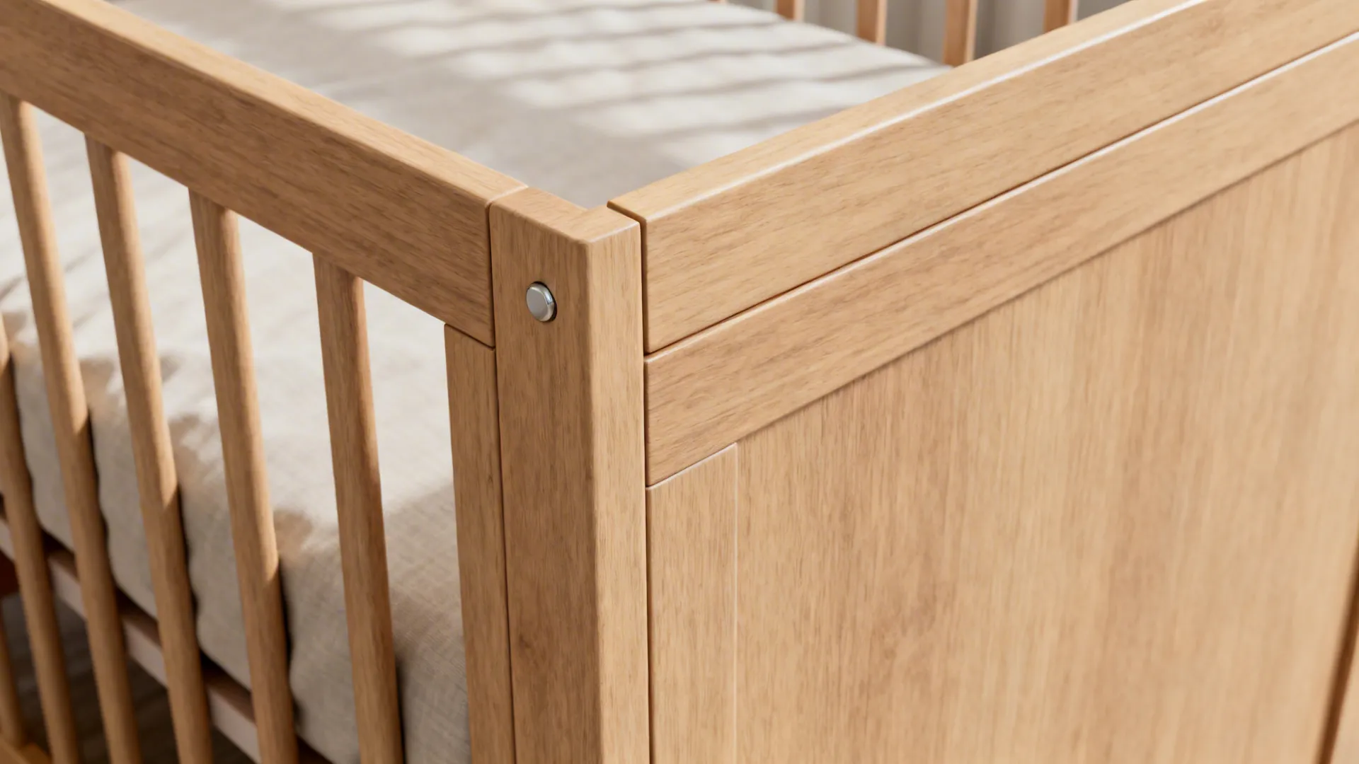Close up view of light wood baby crib frame with smooth finish and metal screws