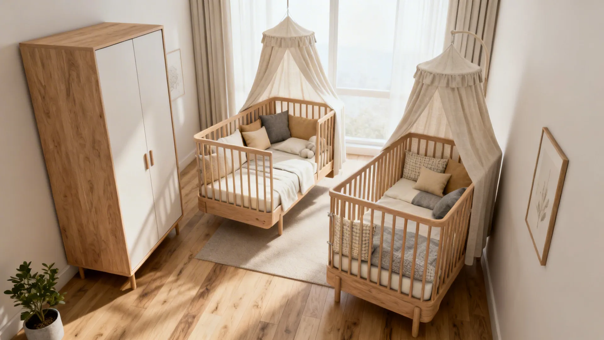 Two convertible cribs arranged staggered for circulation in a small nursery