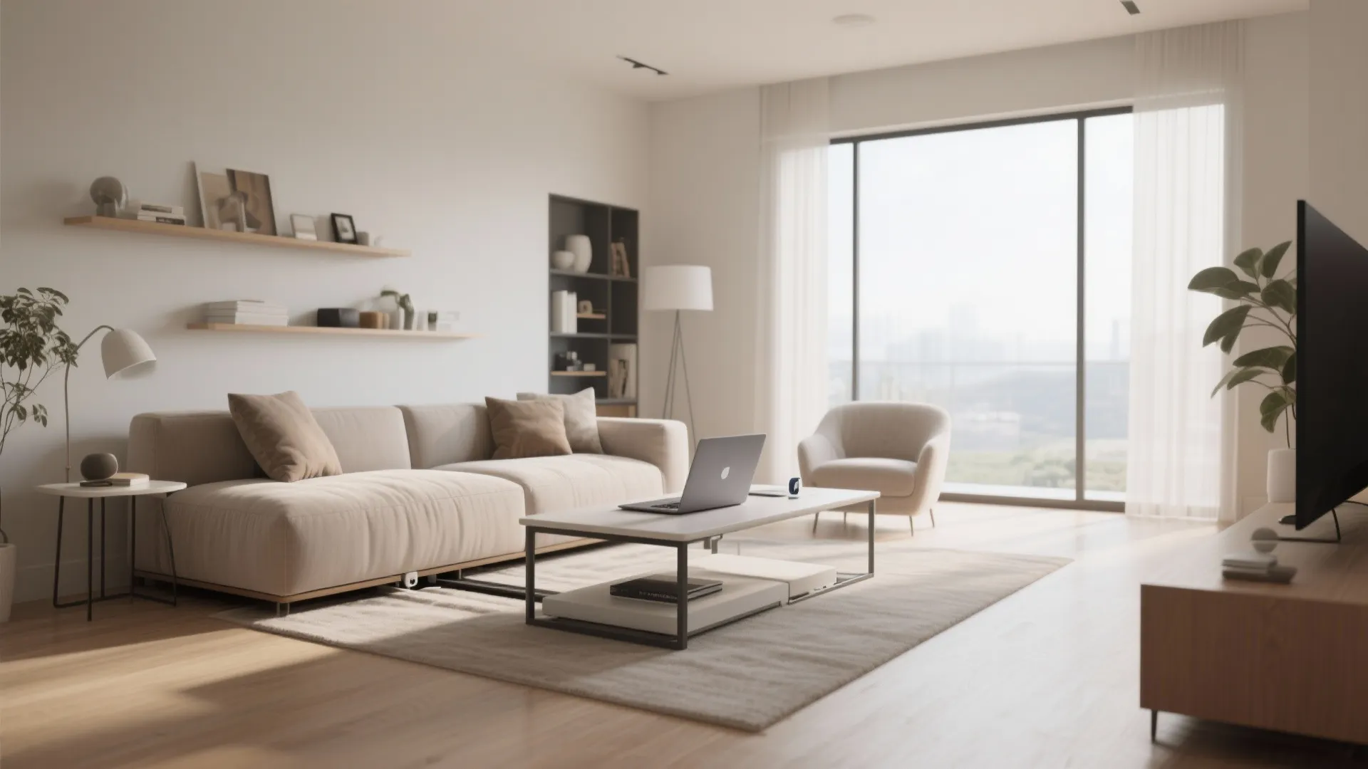 Convertible C-shaped end table with sofa in a living room