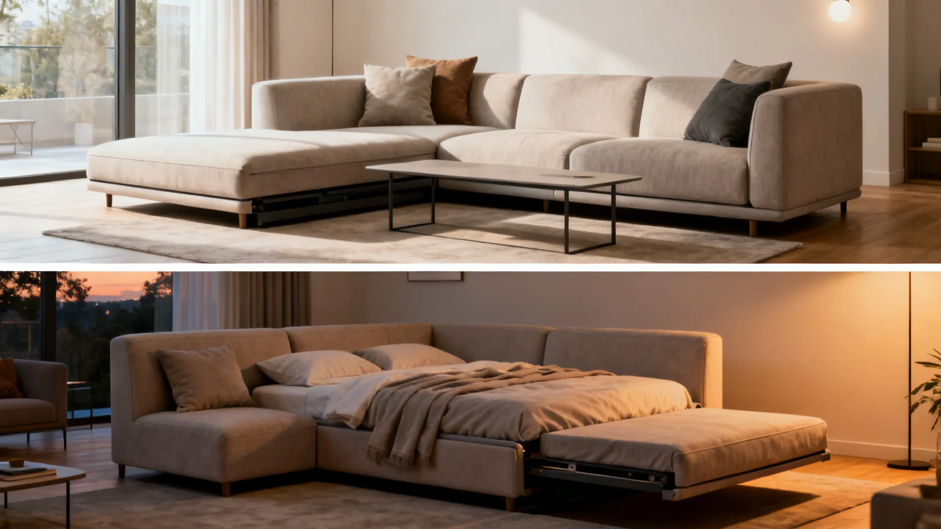 Convertible sectional shown as seating by day and bed by night in a studio layout