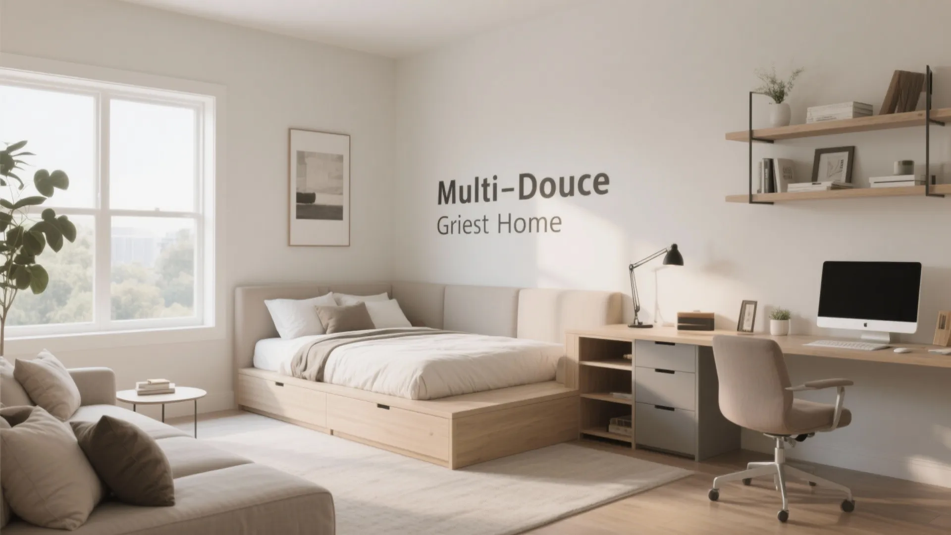 Modern light wood daybed with storage drawers beside a home office desk and computer setup