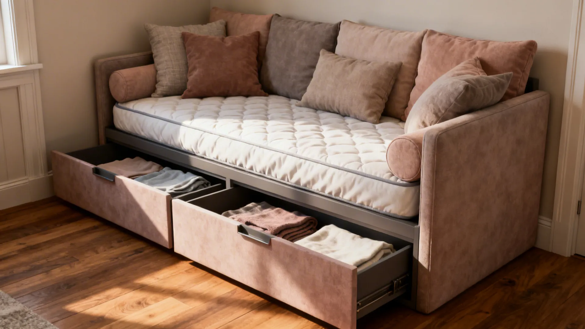 Convertible daybed with under-seat drawers storing linens in a compact office-guest room.