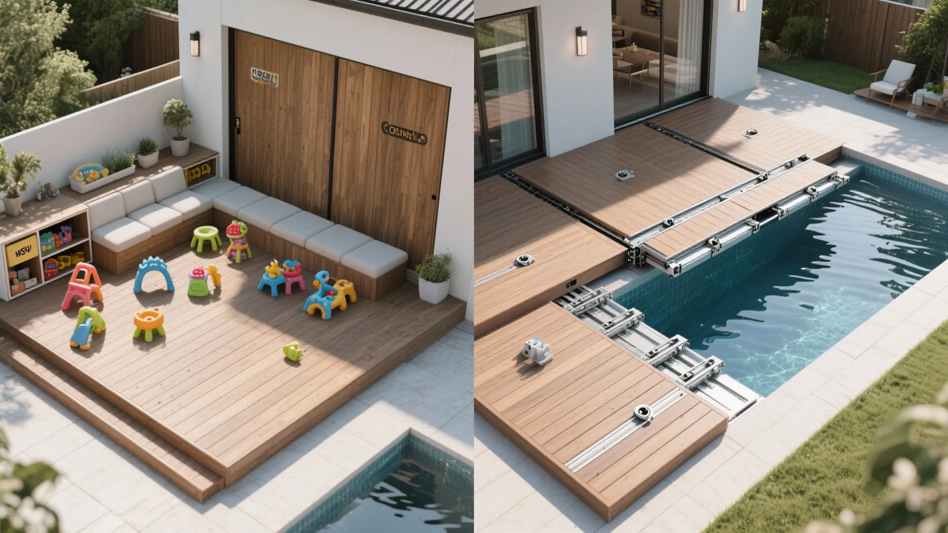 Before-and-after comparison showing a wooden play area transforming into a hidden outdoor swimming pool deck