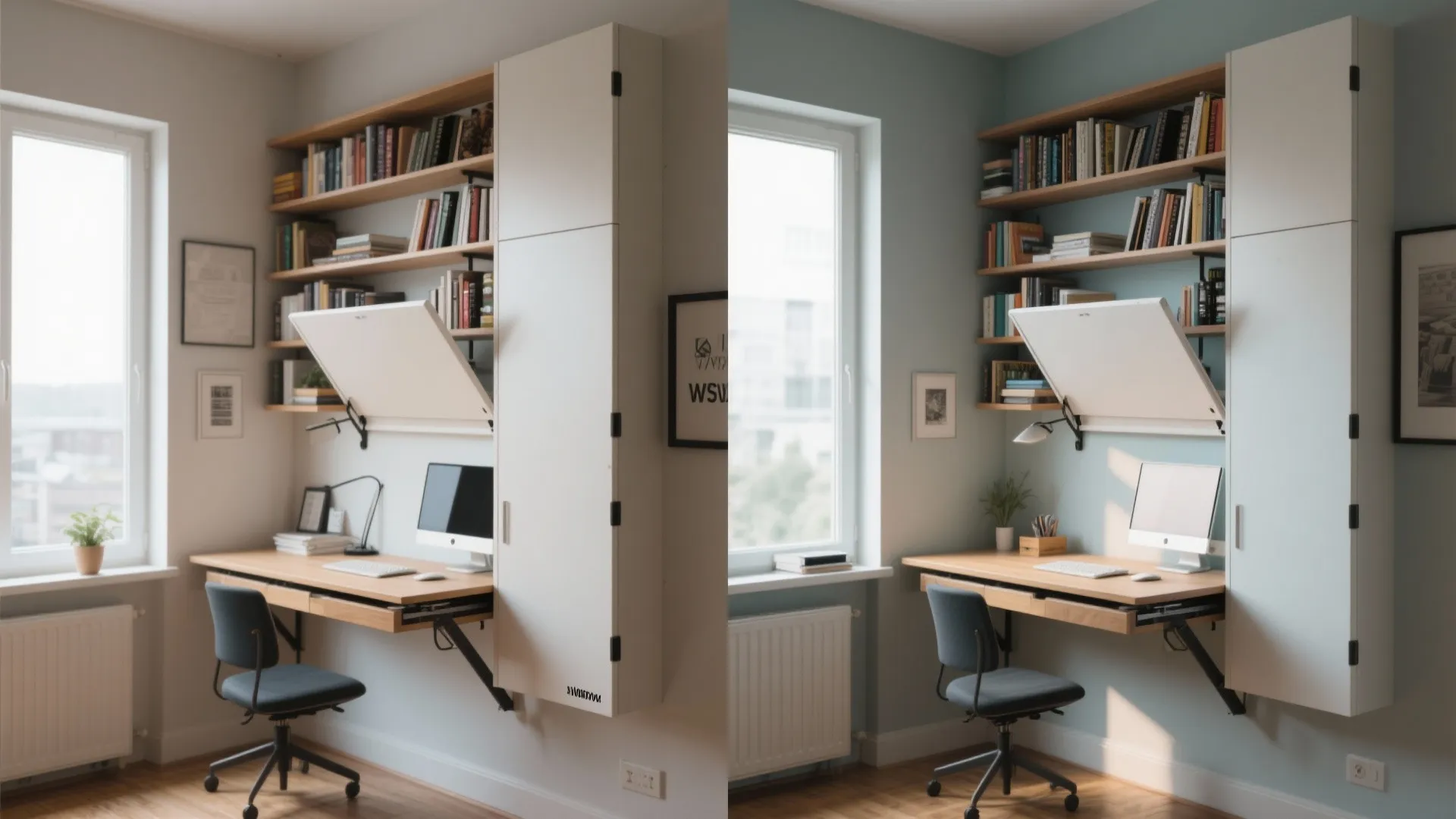 Side-by-side comparison of a home office with a white wall versus a light blue wall